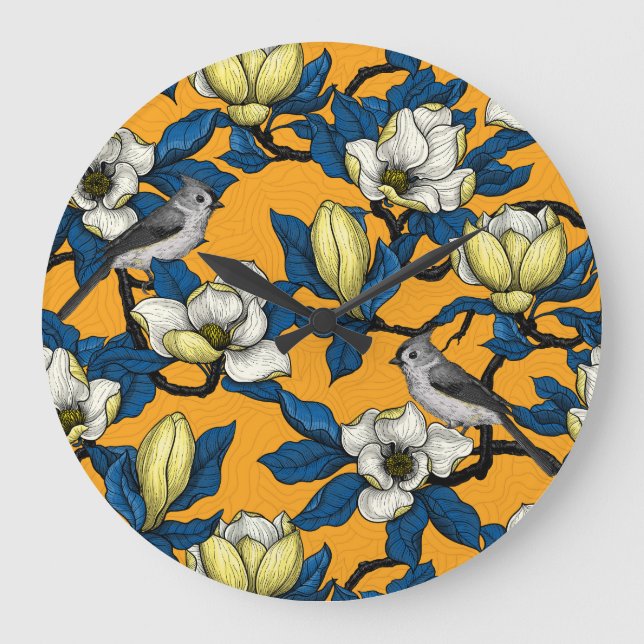 Grande Horloge Ronde Magnolia en floraison et oiseau de tireur 3 (Recto)