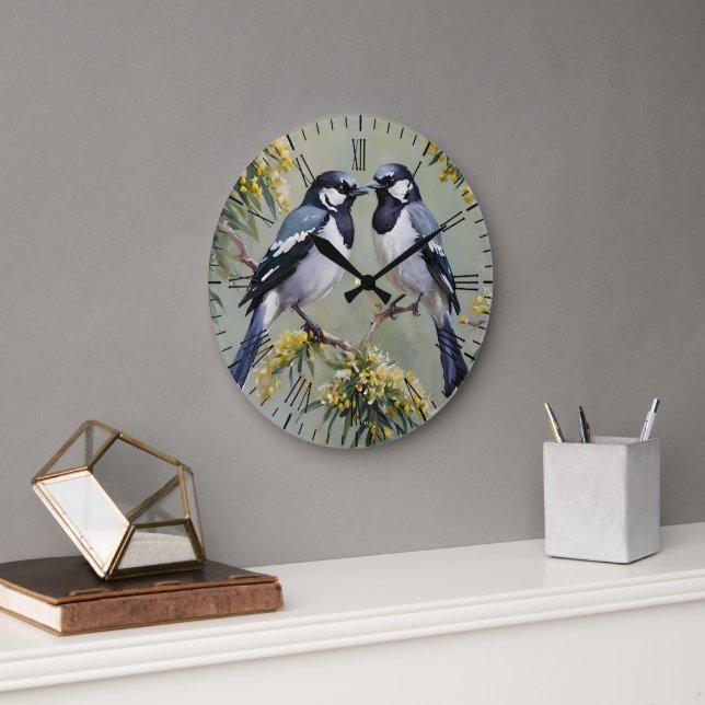 Grande Horloge Ronde Magpies Australiennes Dans Peinture À L'Huile D'Ar (Bureau)