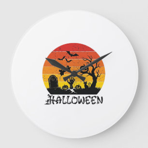 Grande Horloge Ronde Main de zombie Halloween Pierre tombale Arbre Chat
