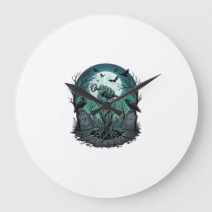Grande Horloge Ronde Main de zombie squelette clé tombe corbeaux Hal