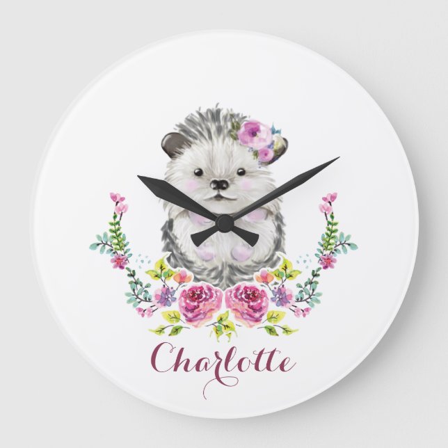 Grande Horloge Ronde Main painted Hedgehog floral (Recto)