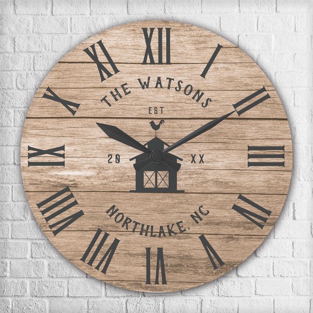 Grande Horloge Ronde Maison de ferme moderne rustique Nom de famille pe (Rustic Modern Farmhouse Custom Family Name Vintage Large Clock)