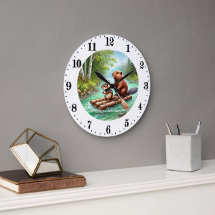Grande Horloge Ronde Maison de lac mignonne animaux mélangés castor tam
