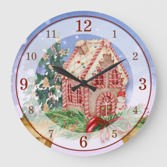 Grande Horloge Ronde Maison de pain d'épices de Noël Aquarelle acryliqu (Recto)
