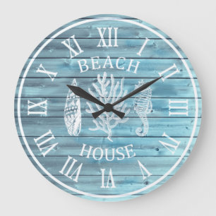Grande Horloge Ronde Maison de plage Bleu clair Corail de mer Grand