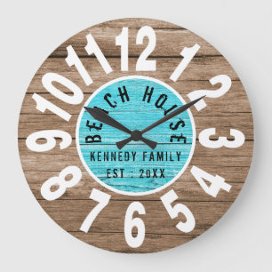 Grande Horloge Ronde Maison de plage Brown en bois turquoise en grand n