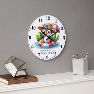 Grande Horloge Ronde Maison de plage de pingouin mignonne bienvenue