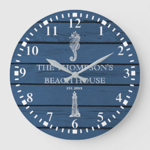 Grande Horloge Ronde Maison de plage Rustique Blue Wood Seahorse Lighth