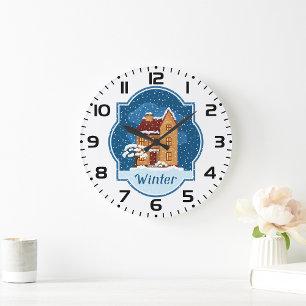 Grande Horloge Ronde Maison D'Hiver Dans La Neige