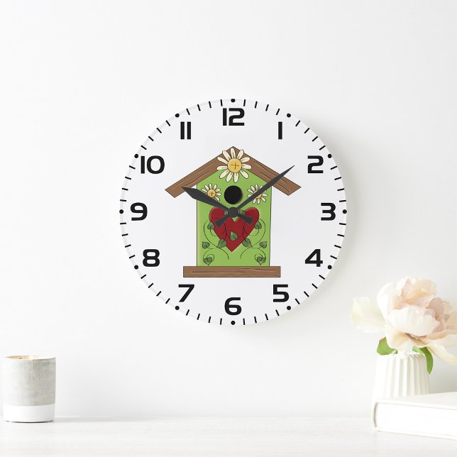 Grande Horloge Ronde Maison d'oiseaux verte avec coeur et marguerites (Créateur téléchargé)