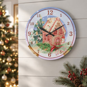 Grande Horloge Ronde Maison en pain d'épices de Noël Aquarelle Acryliqu