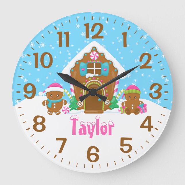 Grande Horloge Ronde Maison en pain d'épices rose et bleu (Recto)