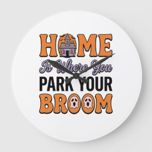 Grande Horloge Ronde Maison Halloween Garez Votre Balai Typographie Vin