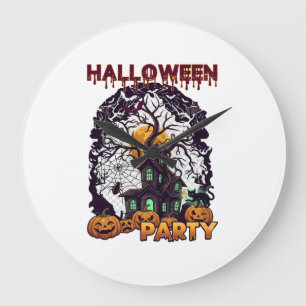 Grande Horloge Ronde Maison Hantée Arbre Citrouilles Noir Fête d'Hallow