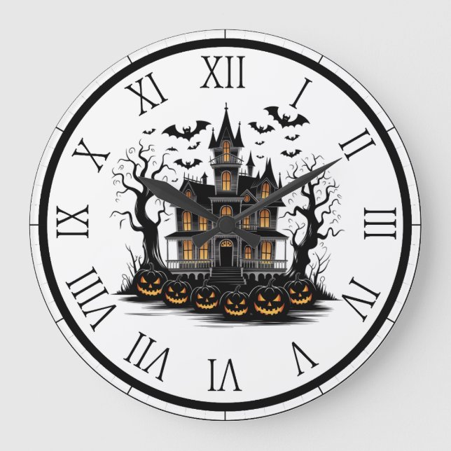 Grande Horloge Ronde Maison hantée avec Citrouilles et chauves-souris H (Recto)