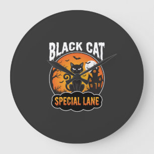 Grande Horloge Ronde Maison Hantée Chat Noir Halloween Design Lune