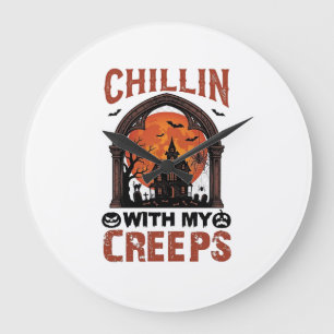 Grande Horloge Ronde Maison hantée Halloween Chillin Creeps Lune Orange