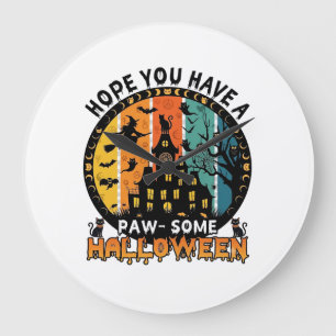 Grande Horloge Ronde Maison Hantée Halloween Sorcière Chats Noirs_