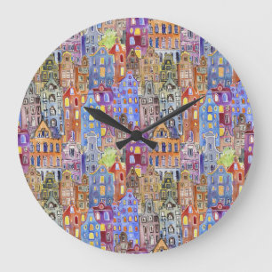 Grande Horloge Ronde Maisons Cityscape, motif urbain sans soudure.