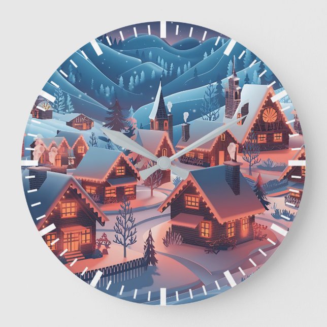 Grande Horloge Ronde Maisons couvertes de neige avec lumières de Noël (Recto)