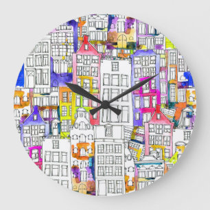 Grande Horloge Ronde Maisons d'Amsterdam : Aquarelle Motif sans couture