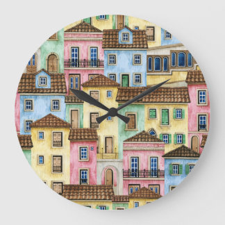 Grande Horloge Ronde Maisons de Lisbonne : Aquarelle Motif funiculaire.