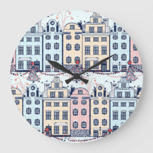 Grande Horloge Ronde Maisons de Noël, motif festif vintage.
