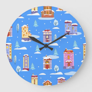 Grande Horloge Ronde Maisons d'hiver scandinave Motif de neige
