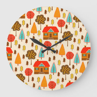 Grande Horloge Ronde Maisons Forest Vintage Motif sans couture