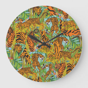 Grande Horloge Ronde Majesté de la jungle : Tigres au milieu de la verd
