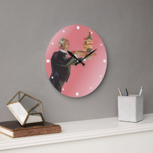 Grande Horloge Ronde Majordome vintage en smoking servant du vin sur un
