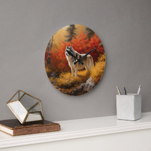 Grande Horloge Ronde Malamute d'Alaska dans les feuilles d'automne qui