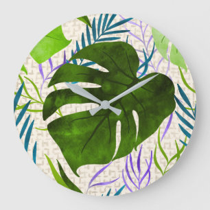 Grande Horloge Ronde Maleah Monstera Tropical Hawaiian Aquarelle Vert