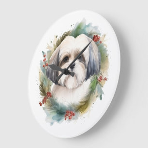 Grande Horloge Ronde Malti Tzu Christmas Wreath Festive Pup