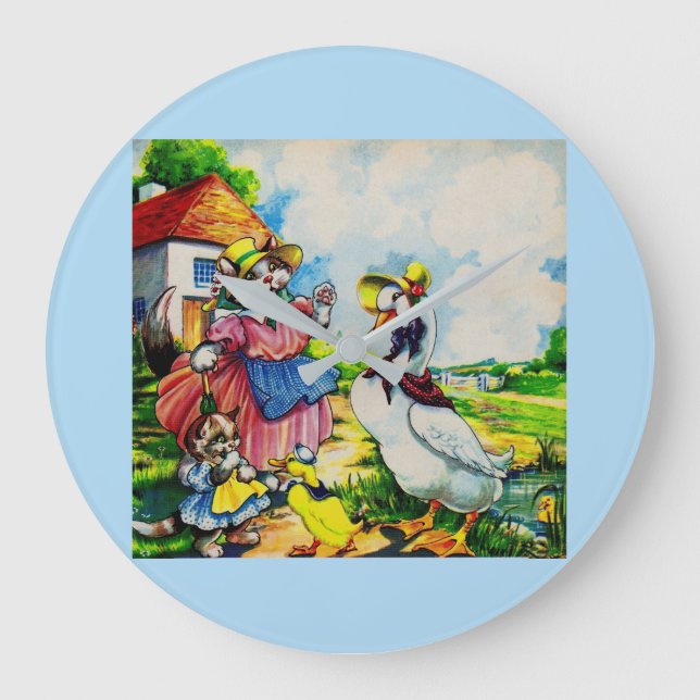 Grande Horloge Ronde mama kitty cat et baby kitty visit canards dans le (Recto)