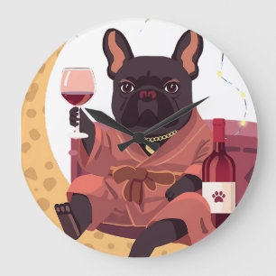 Grande Horloge Ronde Maman Bouledogue Français Soirée Vin