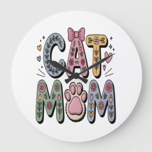 Grande Horloge Ronde Maman chat florale avec empreinte de patte
