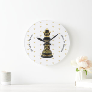 Grande Horloge Ronde MAMAN Reine de ma vie, Écriture Dorée Échecs Noirs
