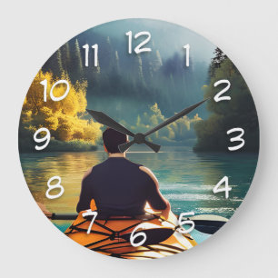 Grande Horloge Ronde Man Kayak sur un lac entouré d'arbres