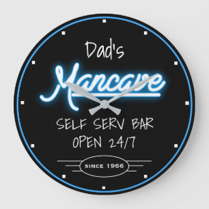 Grande Horloge Ronde Mancave Neon Blue Script Dad's Any Name Bar Retro