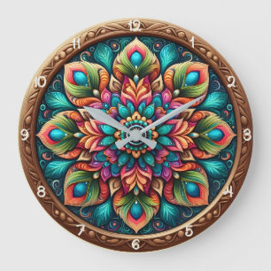 Grande Horloge Ronde Mandala au paon radieux à plumes