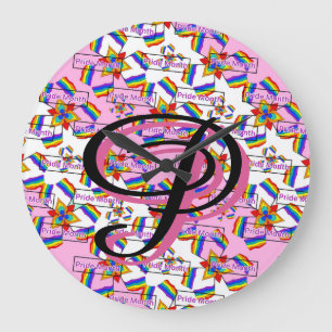 Grande Horloge Ronde Mandala de la fierté à monogramme arc-en-ciel - Gé