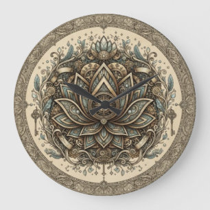 Grande Horloge Ronde Mandala de lotus sacré Art spirituel vintage