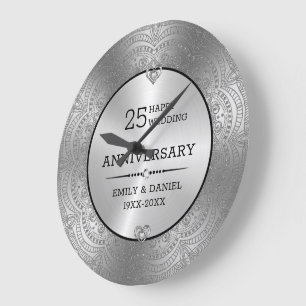 Grande Horloge Ronde Mandala en argent métallique 25e anniversaire modè