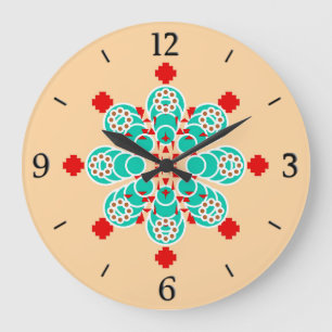 Grande Horloge Ronde Mandala en huit points - turquoise et pêche