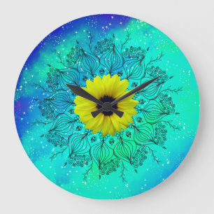 Grande Horloge Ronde Mandala et tournesol bleu turquoise étoilé
