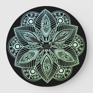 Grande Horloge Ronde Mandala Exotic Tribal Green Gradient