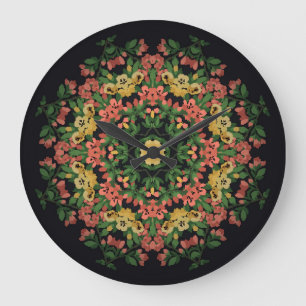 Grande Horloge Ronde Mandala floral : rouge, vintage jaune.
