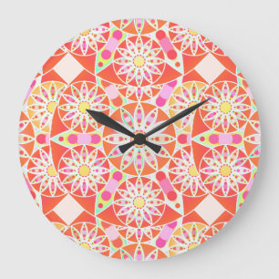 Grande Horloge Ronde Mandala motif, corail rouge, rose, or