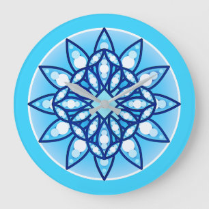 Grande Horloge Ronde Mandala motif en bleu turquoise, cobalt & blanc